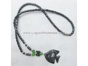 Blue Cat's Eye Opal Hematite Fish Pendant Healing Necklace